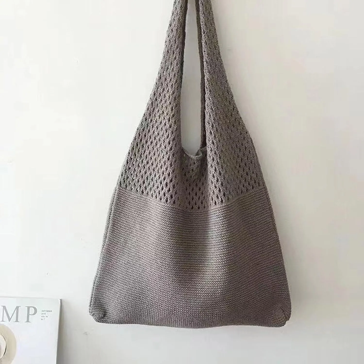Simple Retro Hollow Crochet Bags Large Capacity Shopping Bags Women's Woven Shoulder Bag Leather Shoulder Bag (One Size)