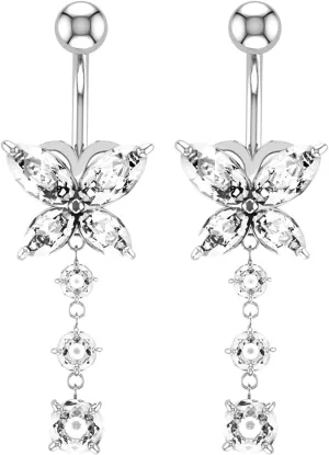 Simple Surgical Steel Belly Button Rings, 2pcs Dangle Navel Rings for Women Cubic Zirconia 14G Dangle Belly Button Rings Summer Butterfly
