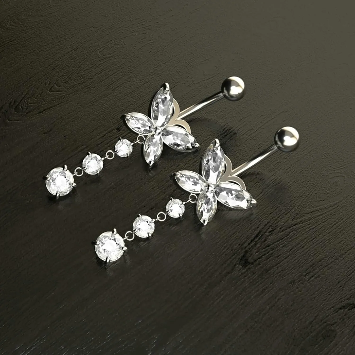 Simple Surgical Steel Belly Button Rings, 2pcs Dangle Navel Rings for Women Cubic Zirconia 14G Dangle Belly Button Rings Summer Butterfly