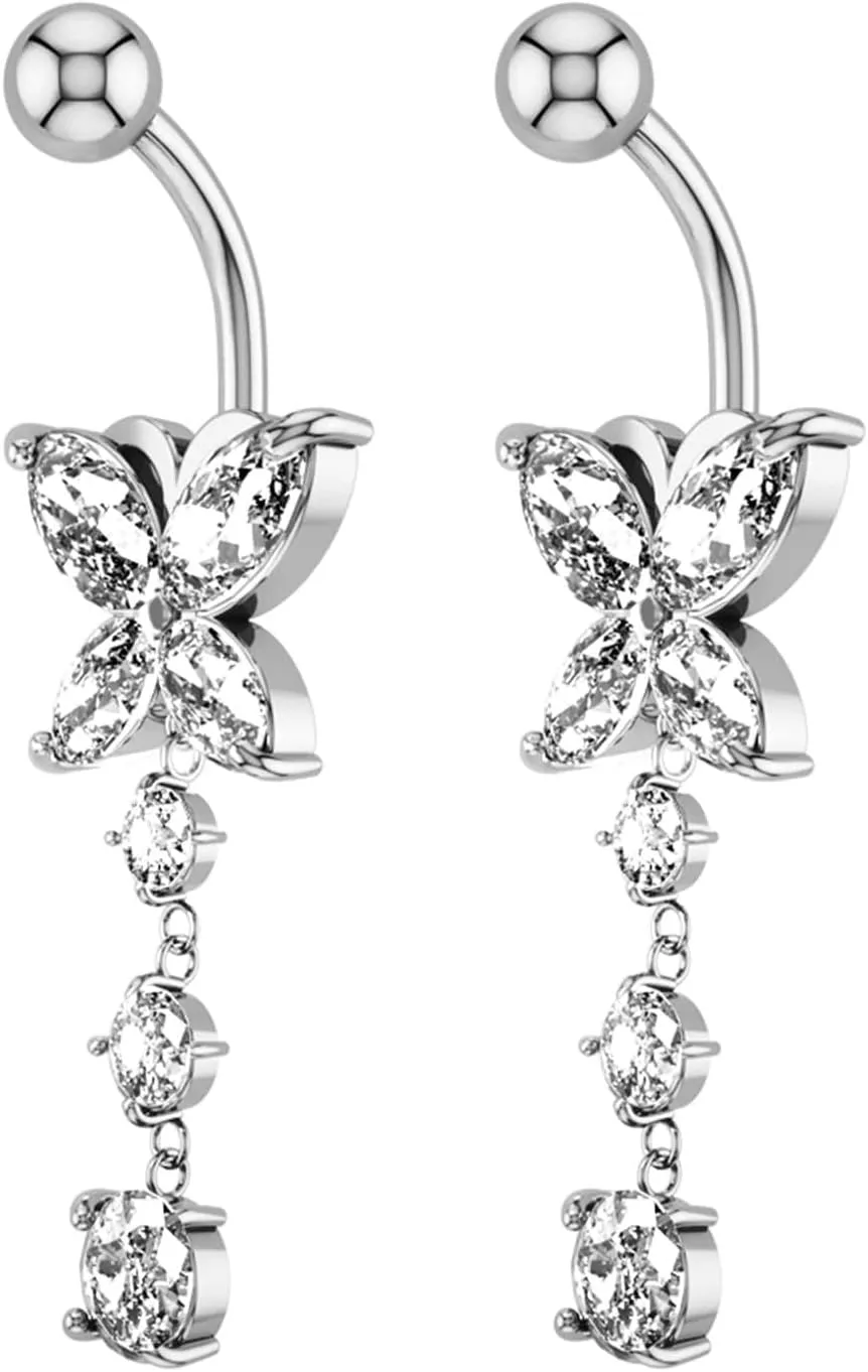 Simple Surgical Steel Belly Button Rings, 2pcs Dangle Navel Rings for Women Cubic Zirconia 14G Dangle Belly Button Rings Summer Butterfly