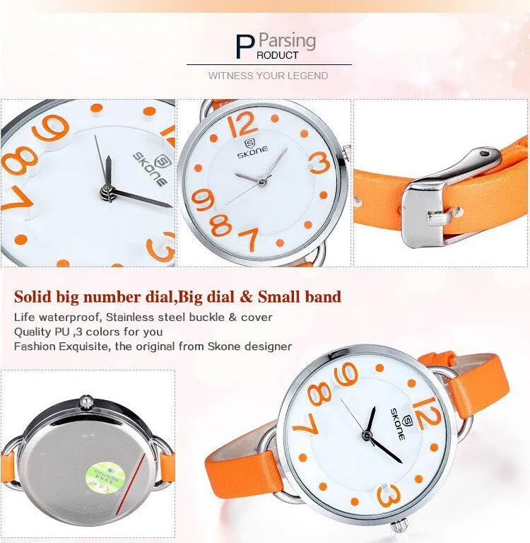 Skone Women Fashion Causal Watch Lady's Leather Analog Quartz Watch Water Resitant Watches Gift For Lover Wrist Watches