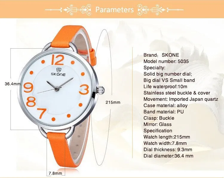 Skone Women Fashion Causal Watch Lady's Leather Analog Quartz Watch Water Resitant Watches Gift For Lover Wrist Watches