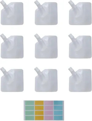 sowaka 10 Pcs Portable Fluid Bags with Sticker 30 ML Plastic Travel Pouches Containers Refillable Squeeze Pouches for Toiletries Shampoo Conditioner Lotion Soap Liquids