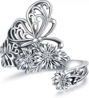 Spoon Rings for Women 925 Sterling Silver Butterfly Ring Vintage Boho SunFlower Wide Thumb Ring Style Jewelry Gift Adjusting