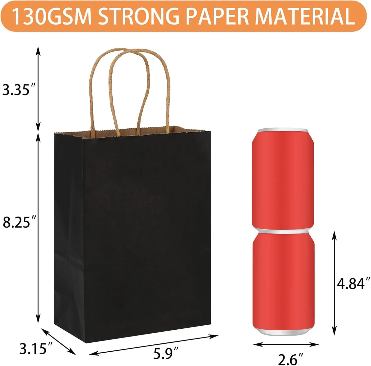 STOBOCTER 200Pcs Paper Gift Bags, 5.9"x3.15"x8.25" Gift Wrap Bags with Handles, Shopping Bags, Retail Bags for Small Business, Kraft Paper Bags, Gift Bags Bulk for Birthday Party Favors (Black)