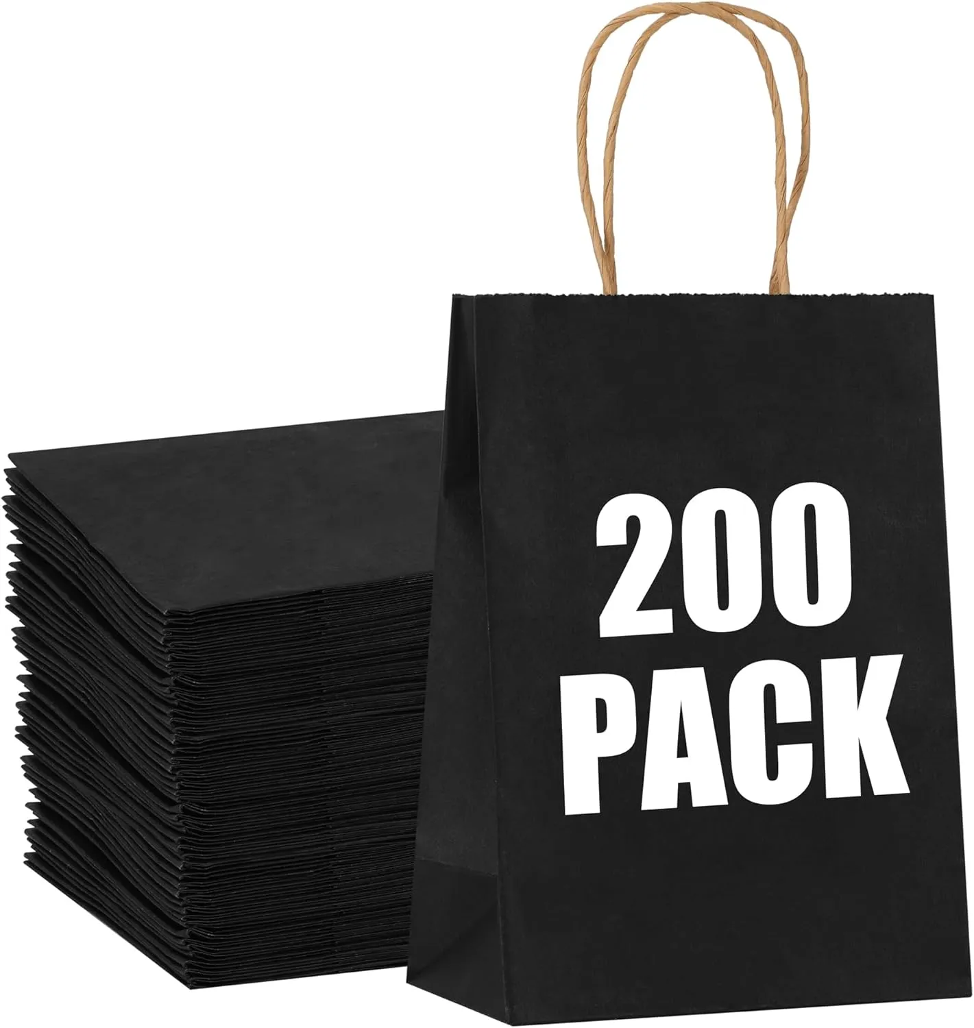 STOBOCTER 200Pcs Paper Gift Bags, 5.9"x3.15"x8.25" Gift Wrap Bags with Handles, Shopping Bags, Retail Bags for Small Business, Kraft Paper Bags, Gift Bags Bulk for Birthday Party Favors (Black)
