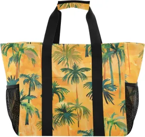 Summer Orange Tropical Trees Utility Bag Foldable Beach Bag Water Resistant Grocery Shopping Totes Canvas Totes For Car