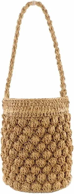 Summer Straw Bucket Bags for Women Handmade Drawstring Beach Shoulder Bags Rattan Woven Handbags (Color : A, Size : 22 * 22 * 15cm)