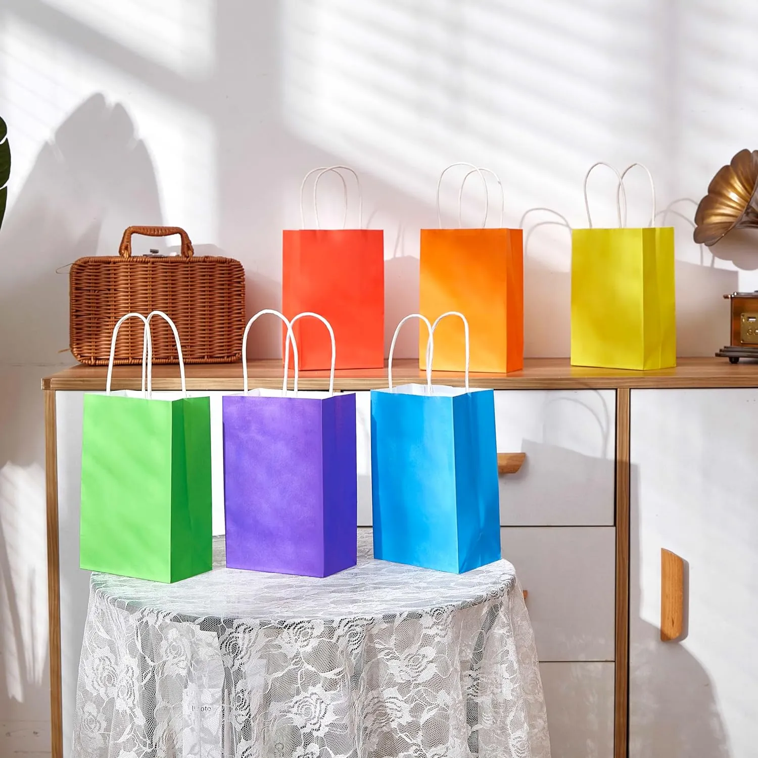 SUNCOLOR 24 Pieces 8" Rainbow Goodie Bags Small Gift Bags with Handle for Party Favor Bags (Rainbow)