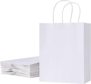 SUNCOLOR 25 Pack White Gift Bags with Handles  8x4.5x10 Medium Bags for Shopping, Retail, DIY, Wedding, Party Favors & Valentines Day