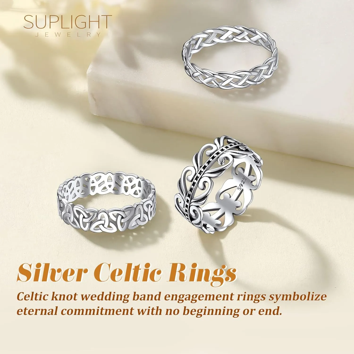 Suplight 925 Sterling Silver Celtic Knot Band Ring, 5mm 8mm Irish Celtic Finger Ring for Women Men Size 4-13 (with Gift Box)
