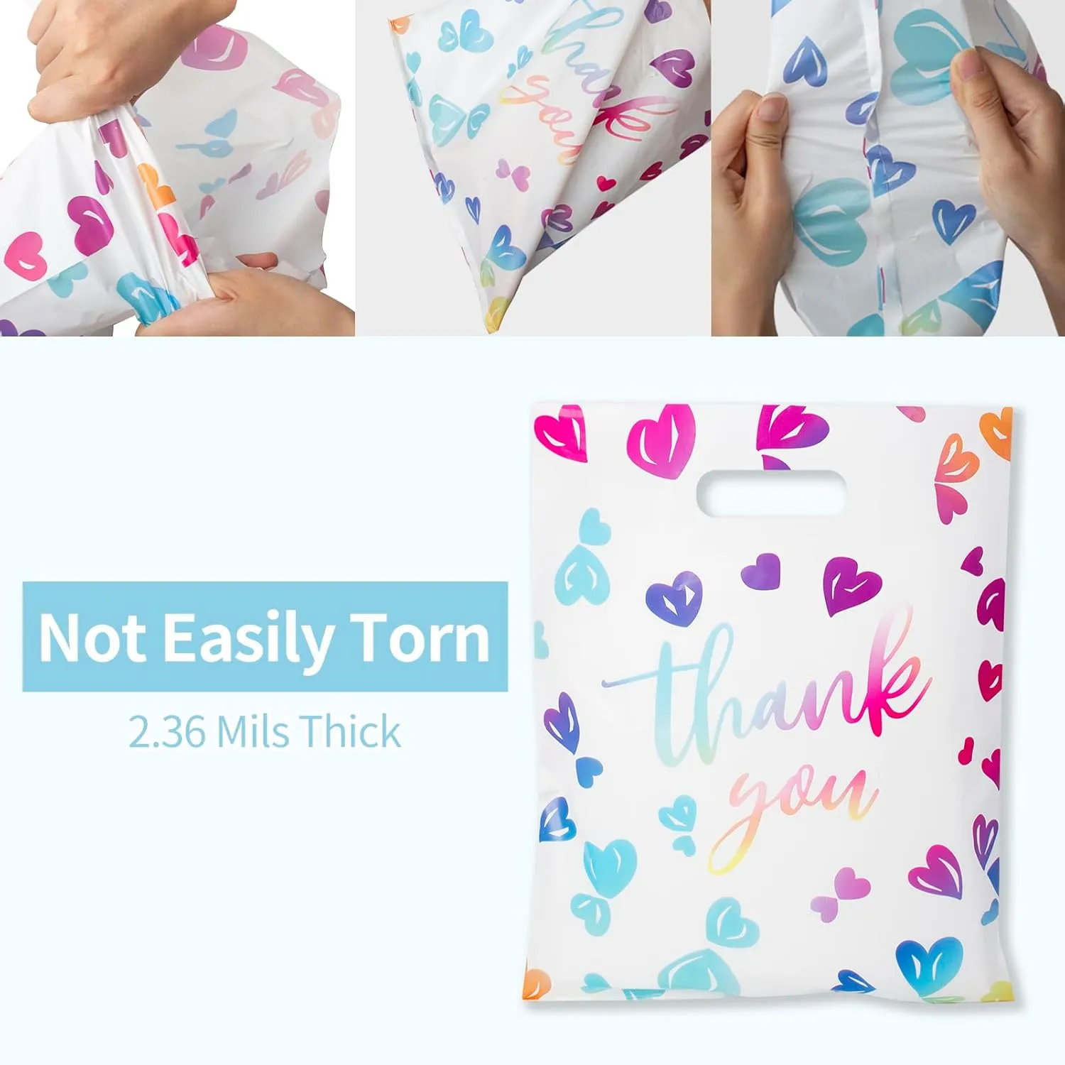 Thank You Plastic Bags for Business Small, 2.36Mil Boutique Merchandise Goodie Gift Bags with Handles for Birthday Party Favor and Retail Stores, 50Pcs 13.7 x 9.8 Inch