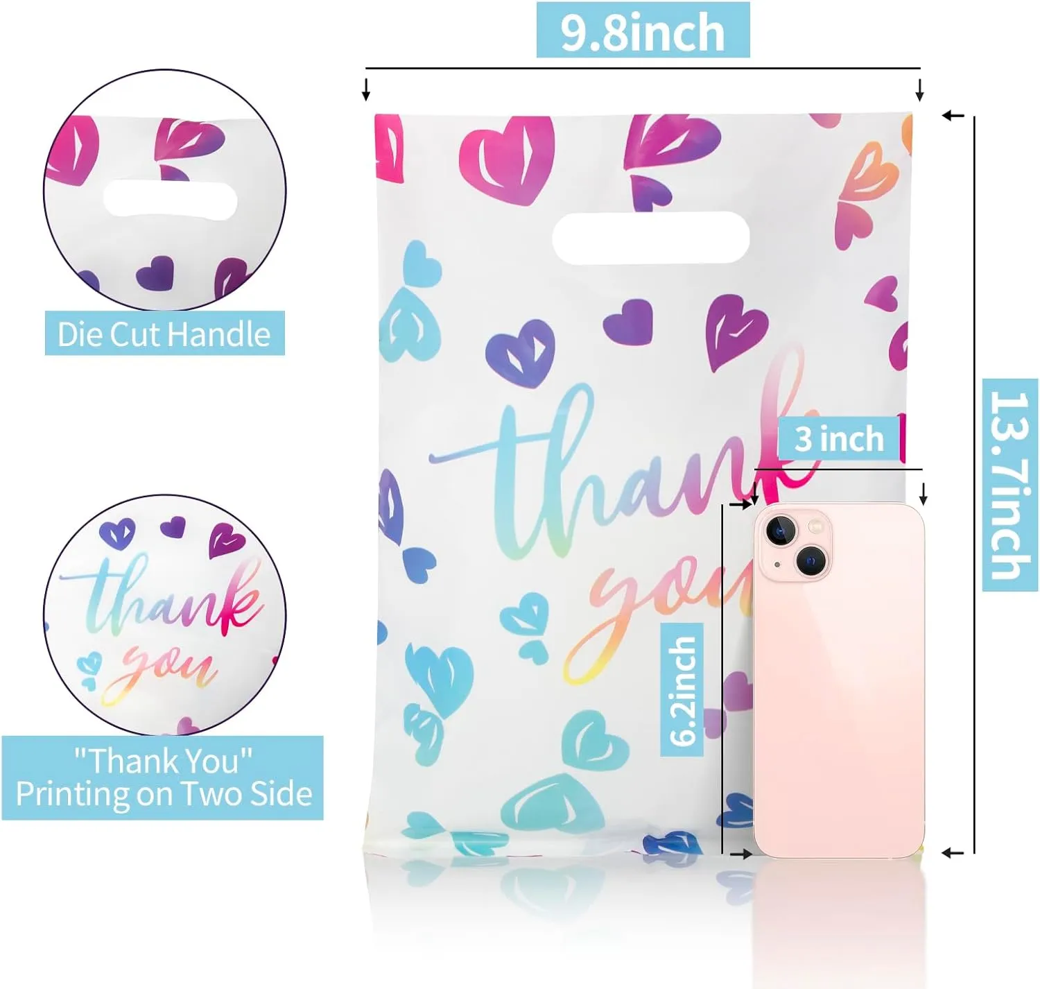 Thank You Plastic Bags for Business Small, 2.36Mil Boutique Merchandise Goodie Gift Bags with Handles for Birthday Party Favor and Retail Stores, 50Pcs 13.7 x 9.8 Inch