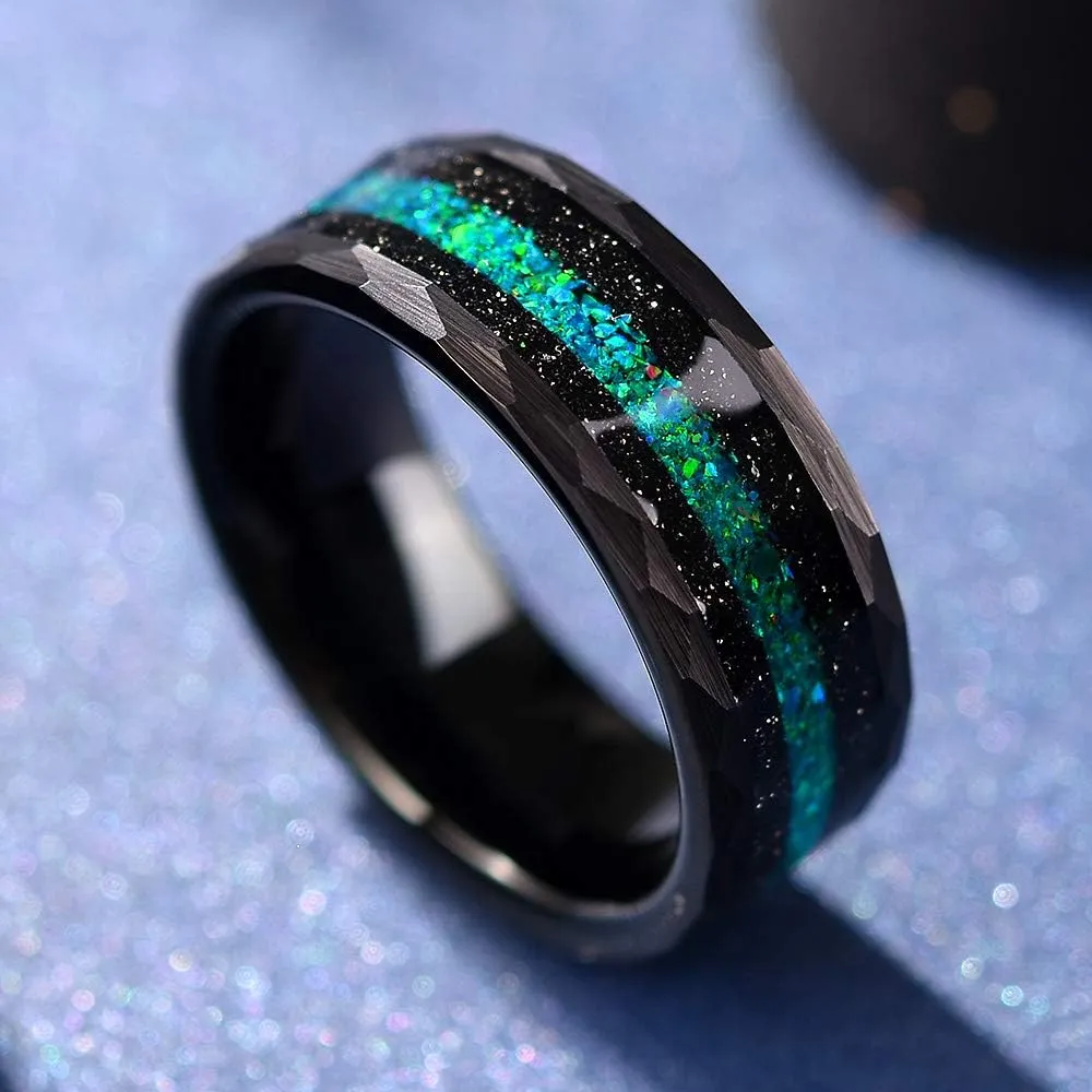 THREE KEYS JEWELRY Mens Womens Tungsten Rings 8mm 4mm Galaxy Series Created-opal Colorful Blue White Green Inlay Hammered Wedding Bands