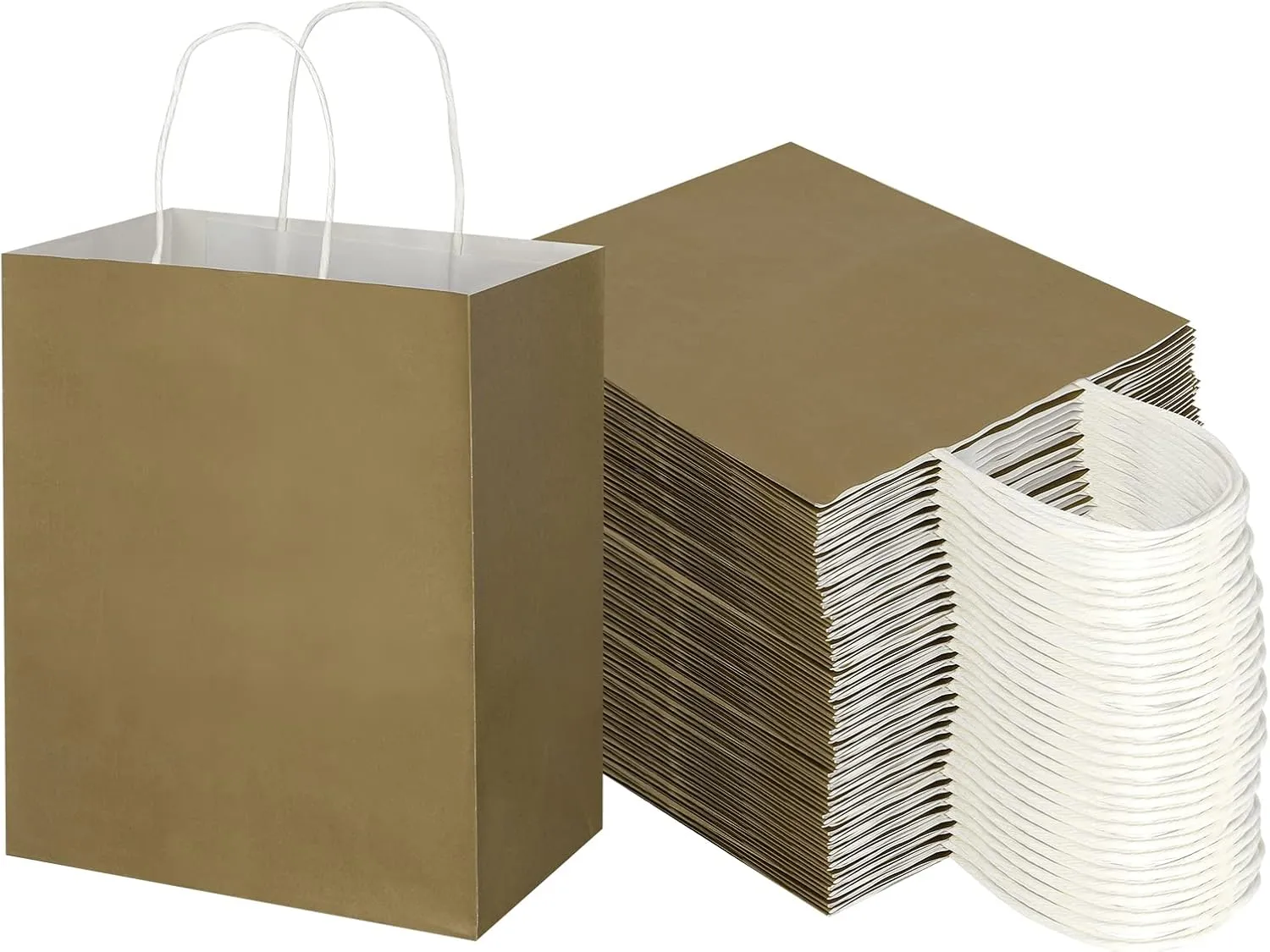 Toovip 100 Pack 8x4.75x10 Inch Medium Gold Kraft Paper Bags with Handles Bulk, Gift Wrap Bags for Favors Grocery Retail Party Birthday Shopping Business Goody Craft Merchandise Take Out Sacks