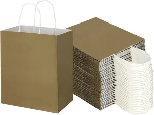 Toovip 100 Pack 8x4.75x10 Inch Medium Gold Kraft Paper Bags with Handles Bulk, Gift Wrap Bags for Favors Grocery Retail Party Birthday Shopping Business Goody Craft Merchandise Take Out Sacks