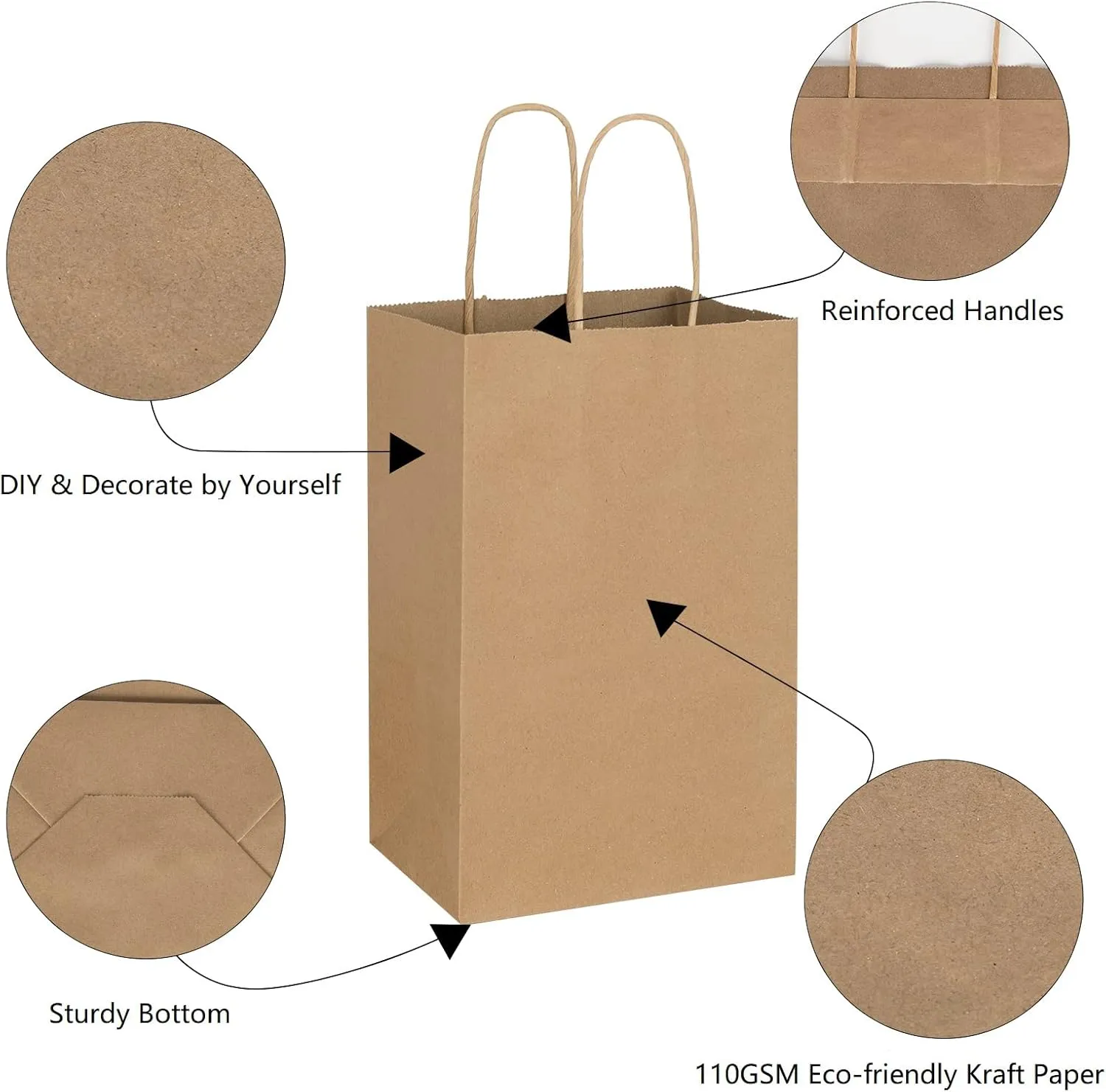 Toovip 25 Pack 5.25x3.25x8.25 Inch Small Plain Brown Kraft Paper Bags with Handles Bulk, Gift Bags for Favor Grocery Retail Party Birthday Shopping Business Goody Craft Merchandise Take Out Sacks
