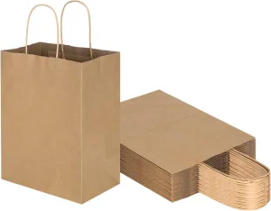 Toovip 25 Pack 8x4.75x10 Inch Medium Plain Brown Kraft Paper Bags with Handles Bulk, Gift Wrap Bags for Favors Grocery Retail Party Birthday Shopping Business Goody Craft Merchandise Take Out Sacks