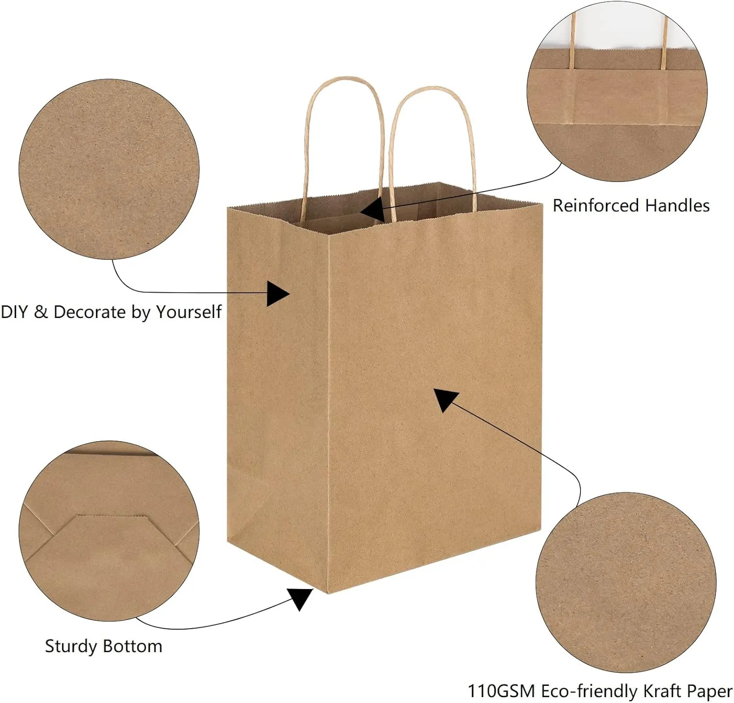Toovip 25 Pack 8x4.75x10 Inch Medium Plain Brown Kraft Paper Bags with Handles Bulk, Gift Wrap Bags for Favors Grocery Retail Party Birthday Shopping Business Goody Craft Merchandise Take Out Sacks