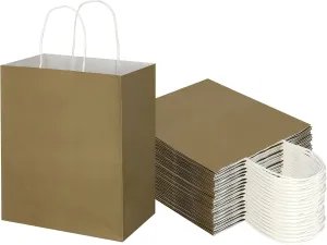 Toovip 50 Pack 8x4.75x10 Inch Medium Gold Kraft Paper Bags with Handles Bulk, Gift Wrap Bags for Favors Grocery Retail Party Birthday Shopping Business Goody Craft Merchandise Take Out Sacks