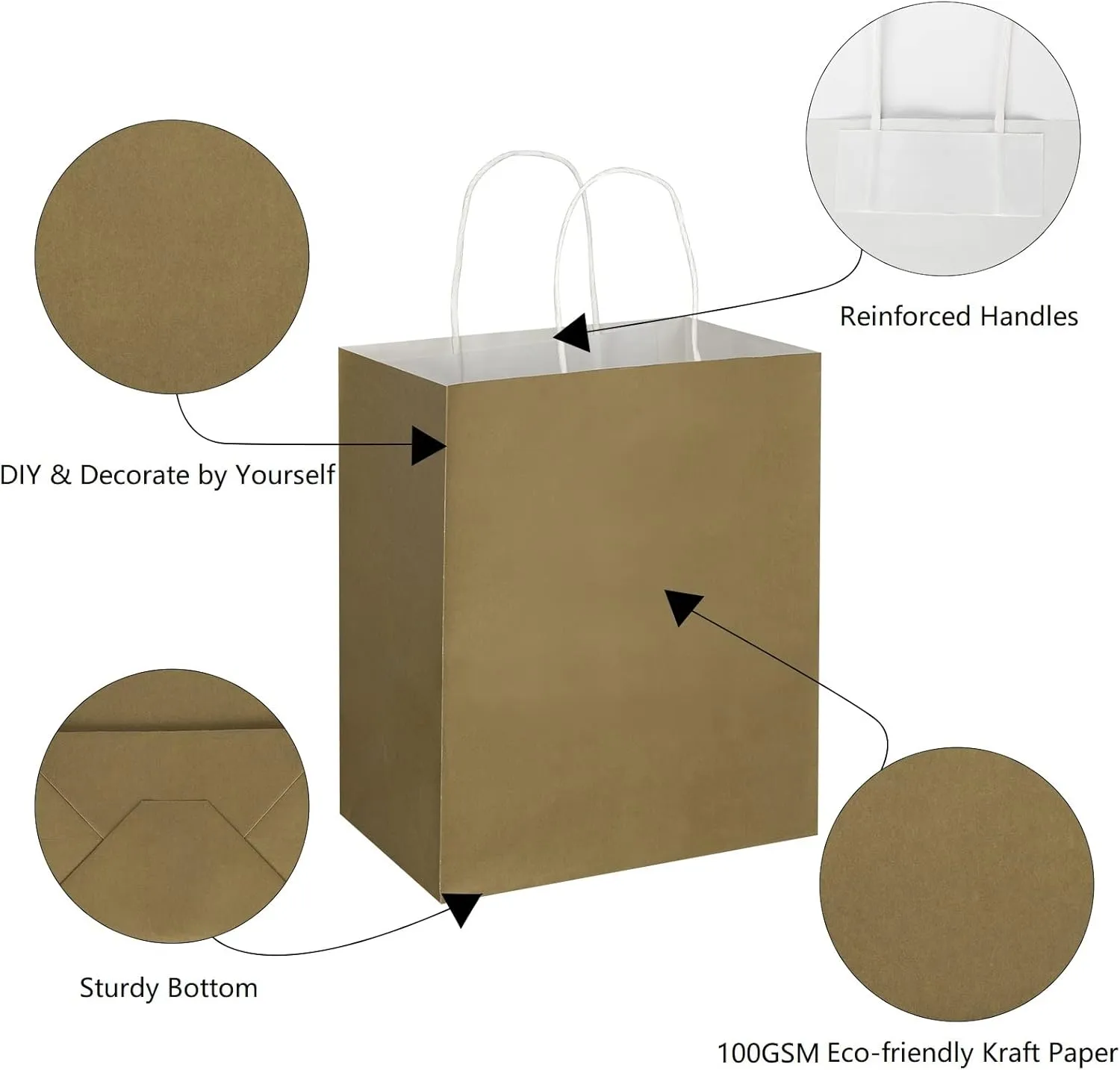 Toovip 50 Pack 8x4.75x10 Inch Medium Gold Kraft Paper Bags with Handles Bulk, Gift Wrap Bags for Favors Grocery Retail Party Birthday Shopping Business Goody Craft Merchandise Take Out Sacks