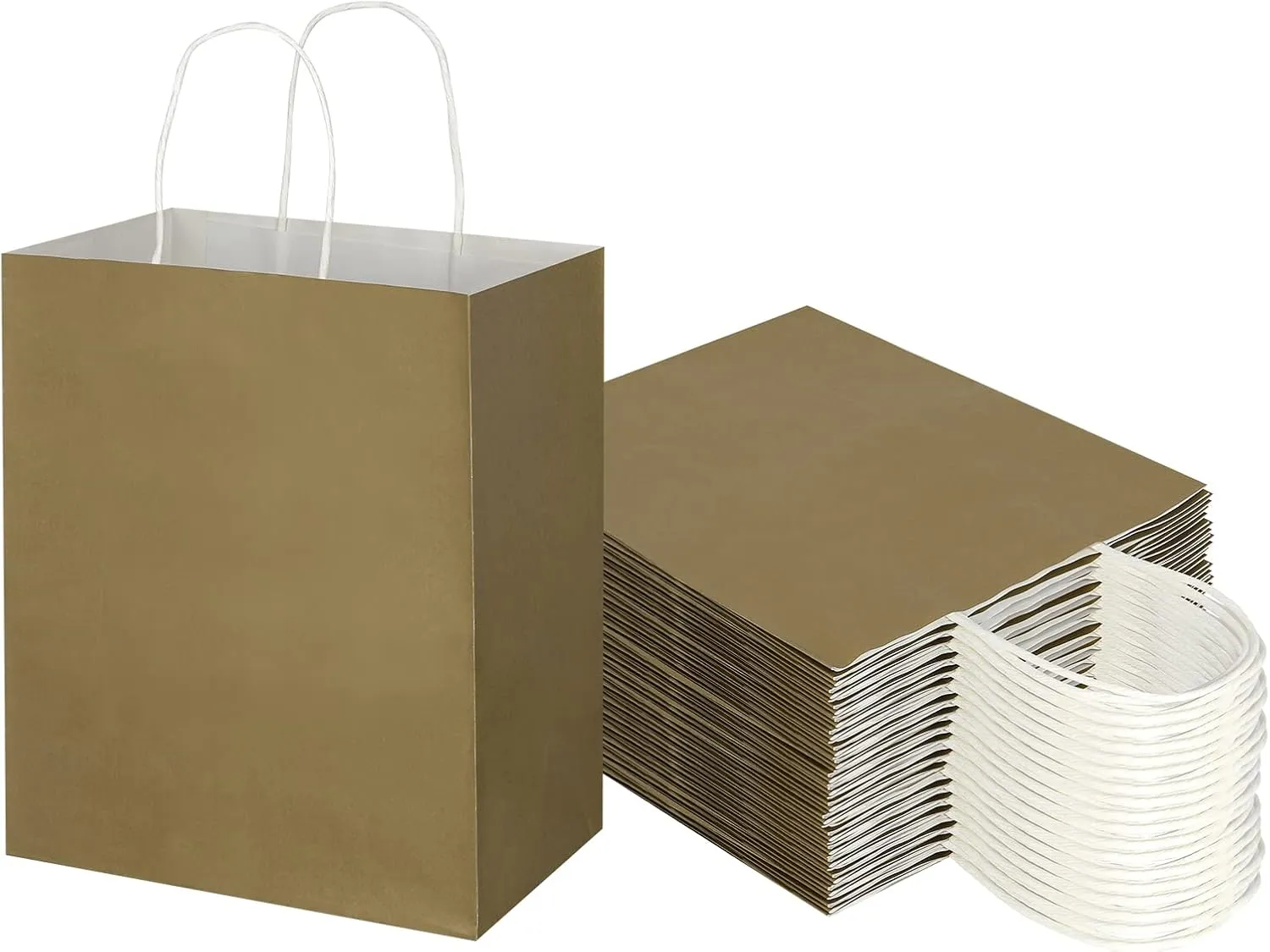 Toovip 50 Pack 8x4.75x10 Inch Medium Gold Kraft Paper Bags with Handles Bulk, Gift Wrap Bags for Favors Grocery Retail Party Birthday Shopping Business Goody Craft Merchandise Take Out Sacks