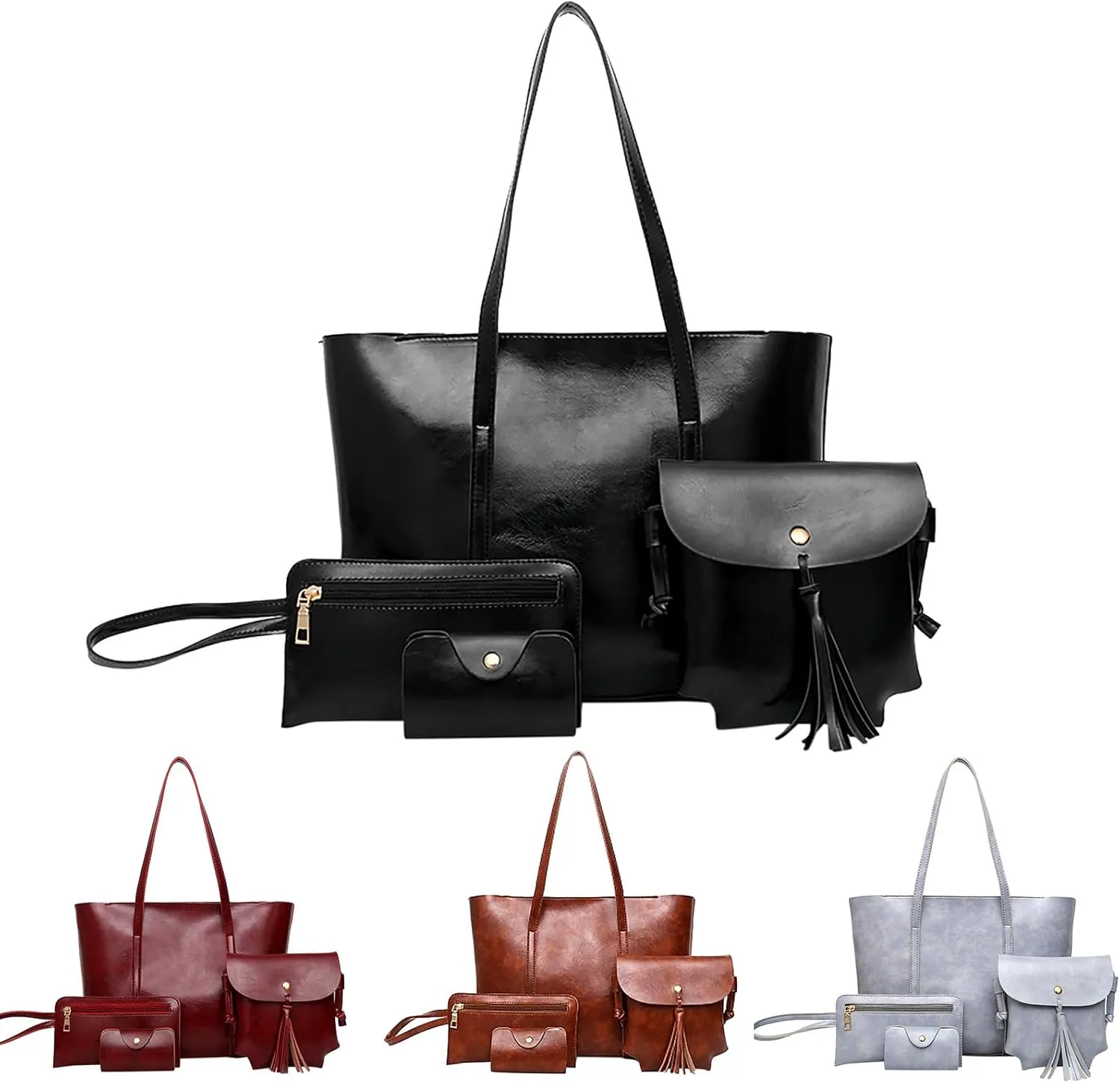 Tote Bag For Women 4 Packet Solid Color Leather Handbags Shoulder Bags Crossbody Hobo Work Bags Travel