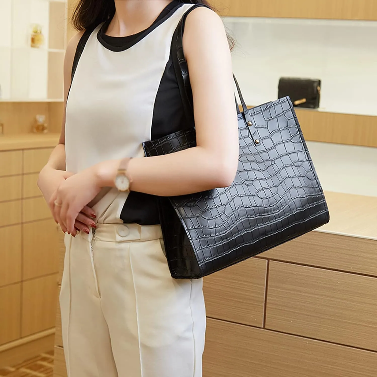 Tote Bag For Women Elegant Leather Solid Color Shoulder Bag Zipper Plus Large Bag Hand Bag For Travel Essential G