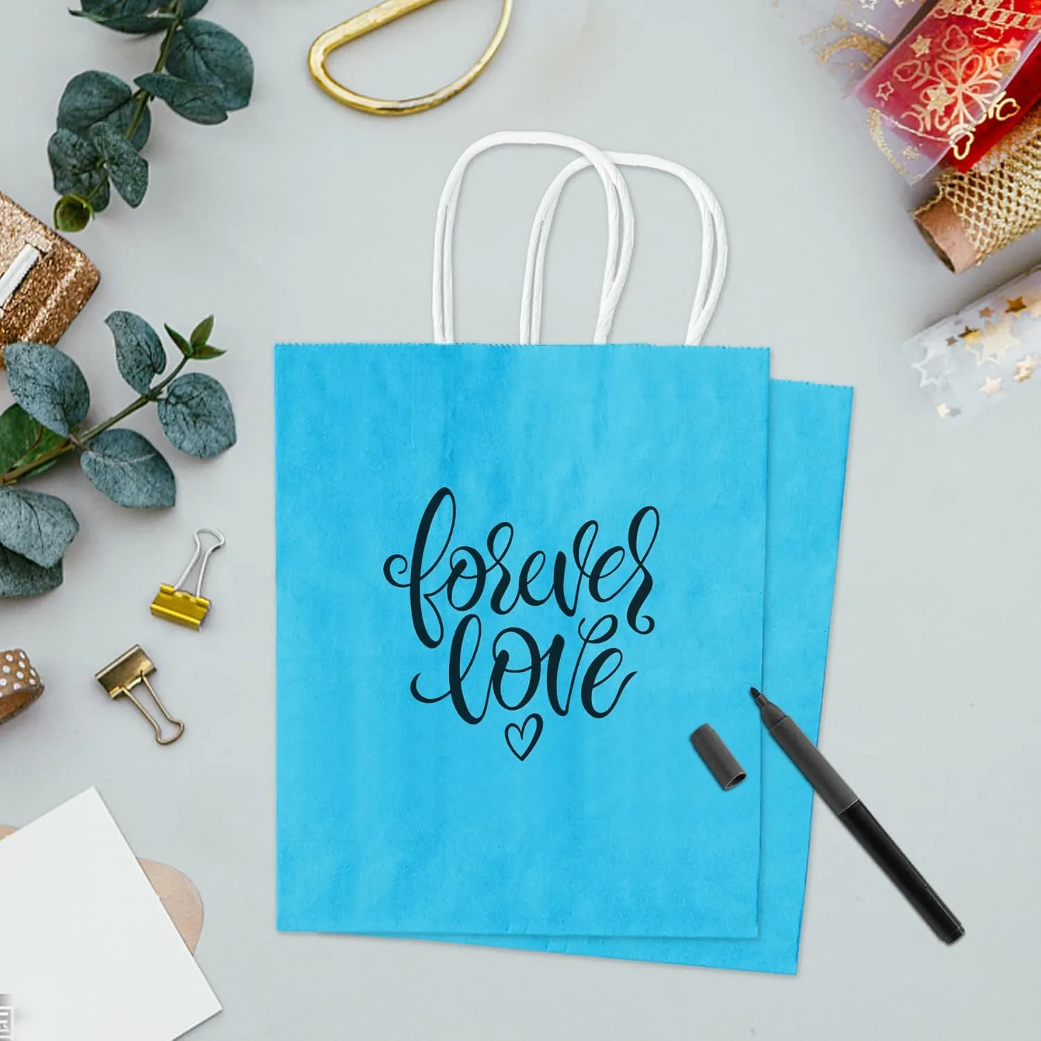 TOWRAP Blue Gift Bags - 100 Pcs, 8x4.25x10.5 Inch Kraft Paper Bags with Handles for Shopping, Parties, Retail, Merchandise, Favors