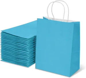 TOWRAP Blue Gift Bags - 100 Pcs, 8x4.25x10.5 Inch Kraft Paper Bags with Handles for Shopping, Parties, Retail, Merchandise, Favors