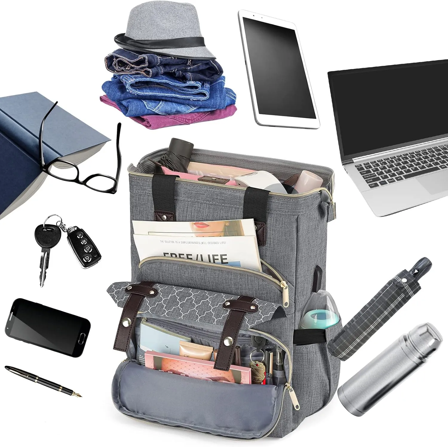 Travel Backpack for Women Men, Large Wide Open Womens Backpack for Work, Water Resistant Collage Backpack with USB Port, 17.3 Inch School Bookbag Computer Bag for Doctor Teacher Nurse, Grey