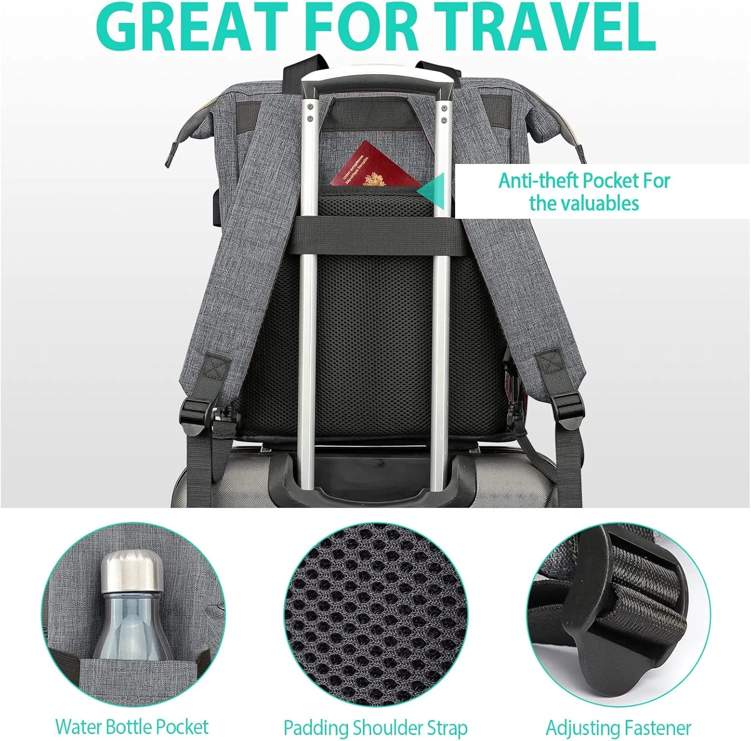 Travel Backpack for Women Men, Large Wide Open Womens Backpack for Work, Water Resistant Collage Backpack with USB Port, 17.3 Inch School Bookbag Computer Bag for Doctor Teacher Nurse, Grey