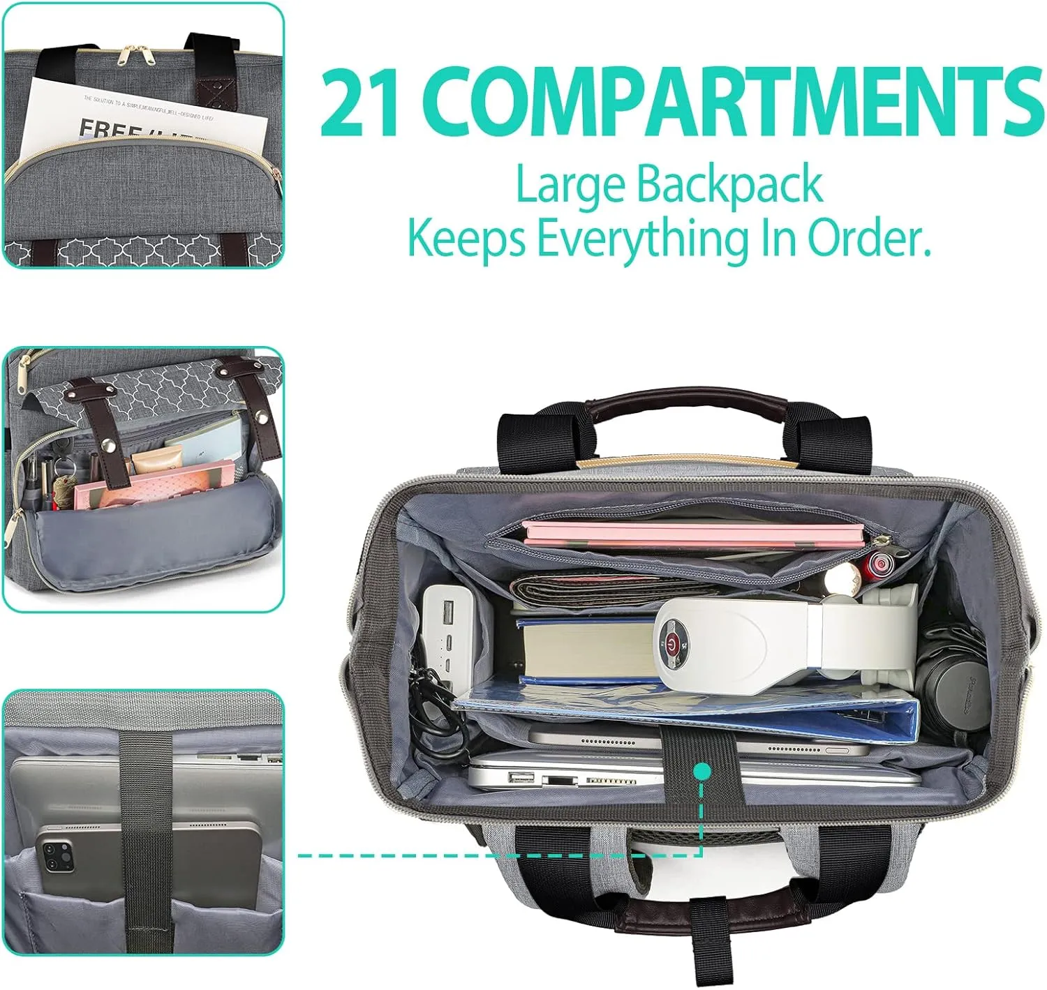 Travel Backpack for Women Men, Large Wide Open Womens Backpack for Work, Water Resistant Collage Backpack with USB Port, 17.3 Inch School Bookbag Computer Bag for Doctor Teacher Nurse, Grey