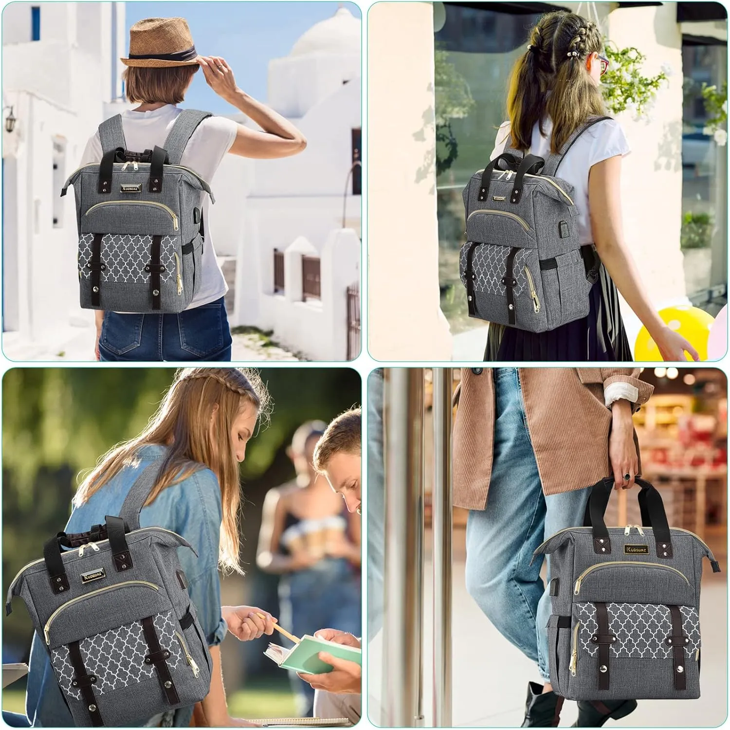 Travel Backpack for Women Men, Large Wide Open Womens Backpack for Work, Water Resistant Collage Backpack with USB Port, 17.3 Inch School Bookbag Computer Bag for Doctor Teacher Nurse, Grey