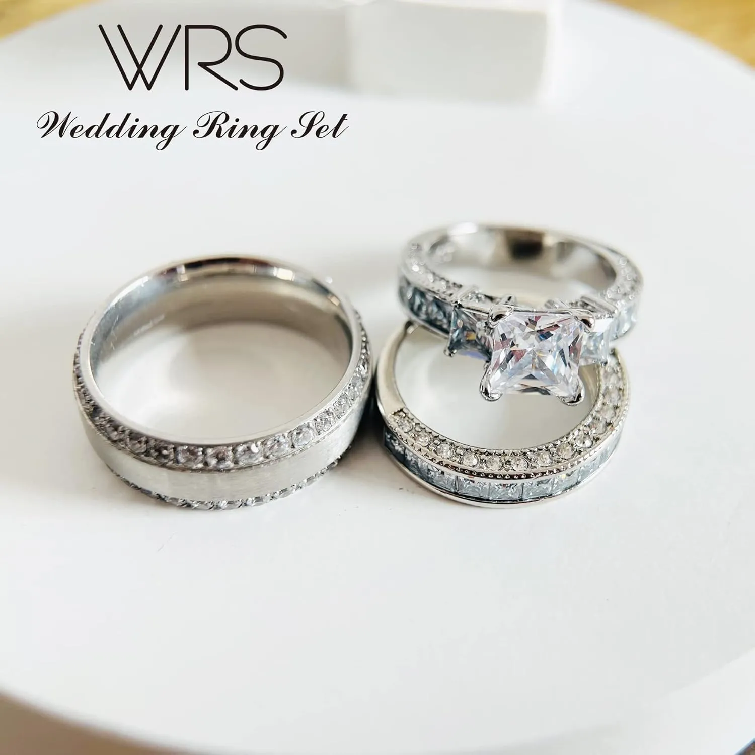 Two Rings His Hers Wedding Ring Sets Couples Matching Rings Women's 2pc Yellow Gold Plated Square CZ Wedding Engagement Ring Bridal Sets & Men's Titanium Wedding Band