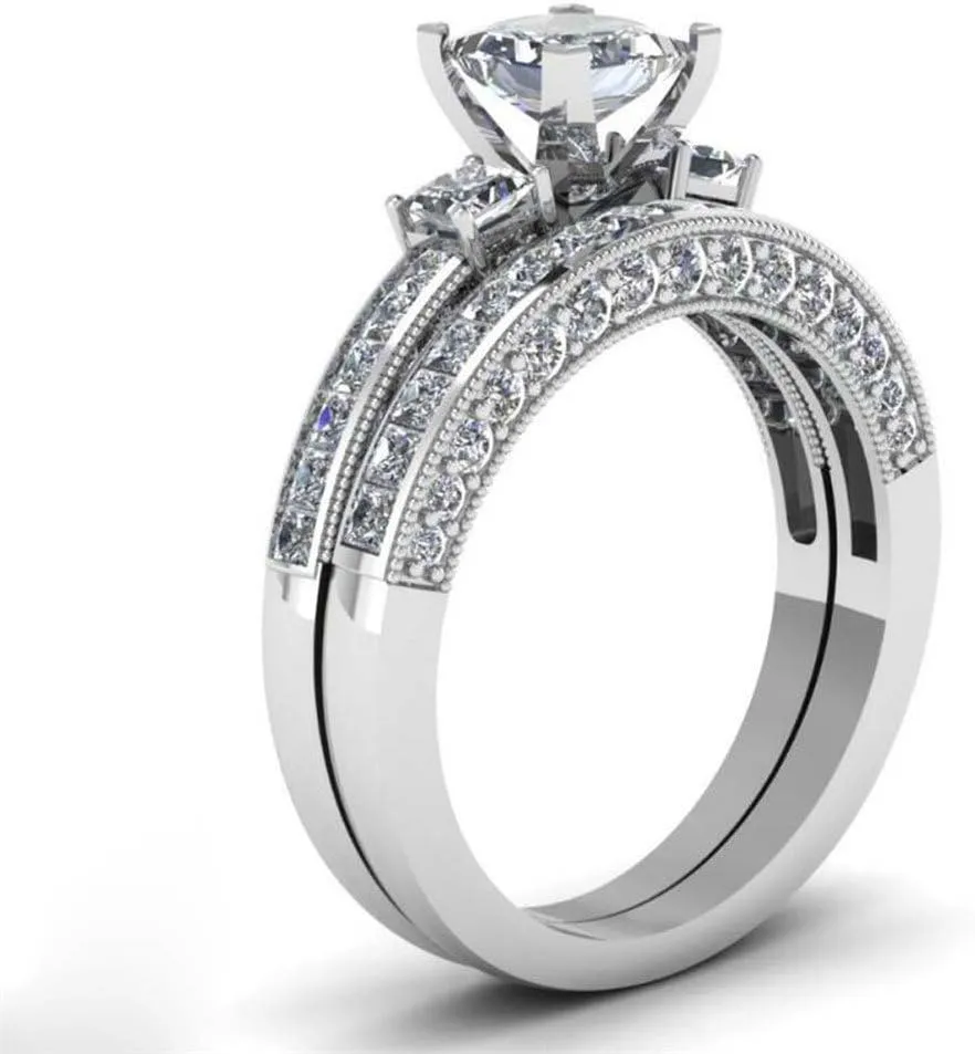 Two Rings His Hers Wedding Ring Sets Couples Matching Rings Women's 2pc Yellow Gold Plated Square CZ Wedding Engagement Ring Bridal Sets & Men's Titanium Wedding Band