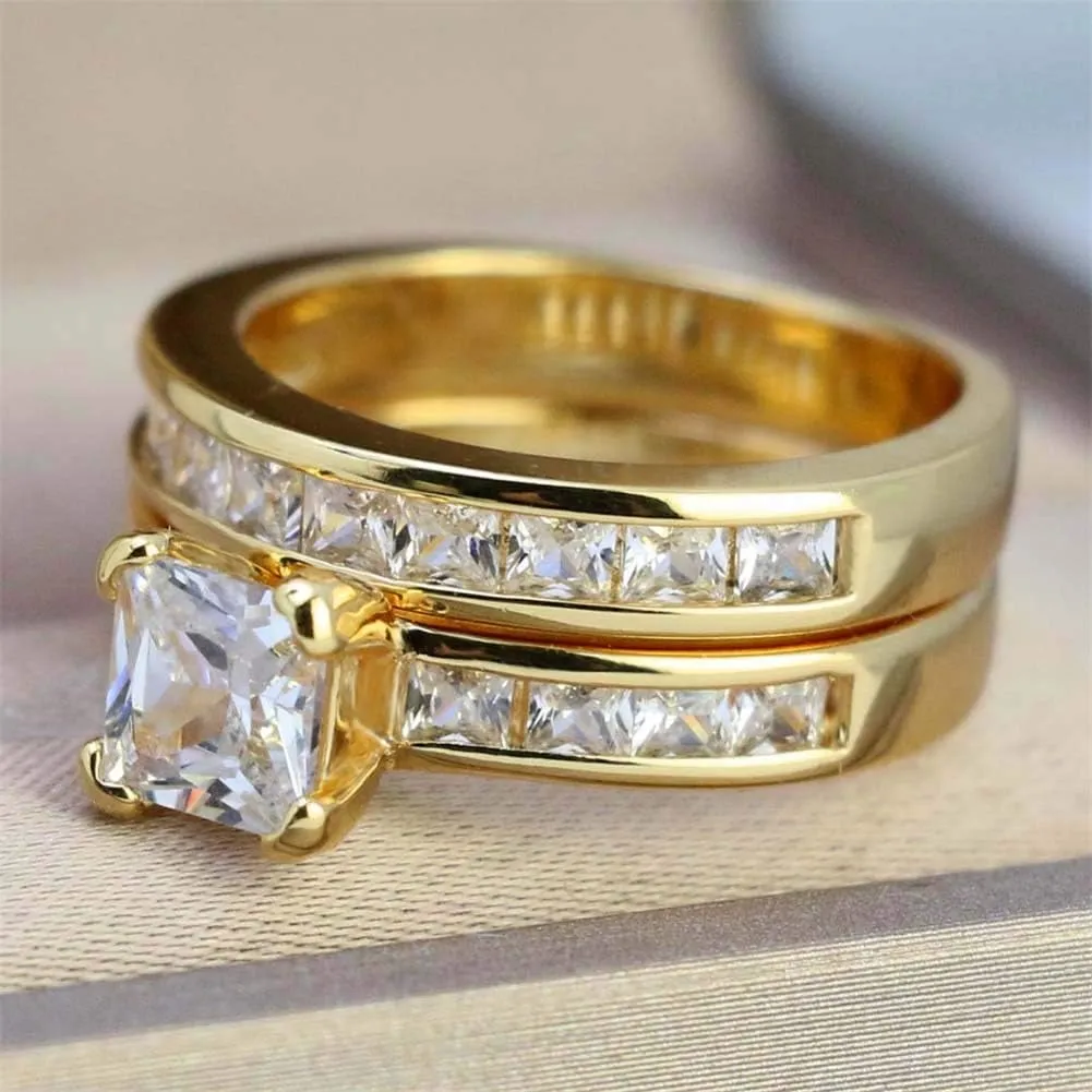 TWO RINGS His Hers Wedding Ring Sets Couples Rings Women's Black Gold Filled White CZ Wedding Engagement Ring Bridal Sets & Men's Titanium Wedding Band