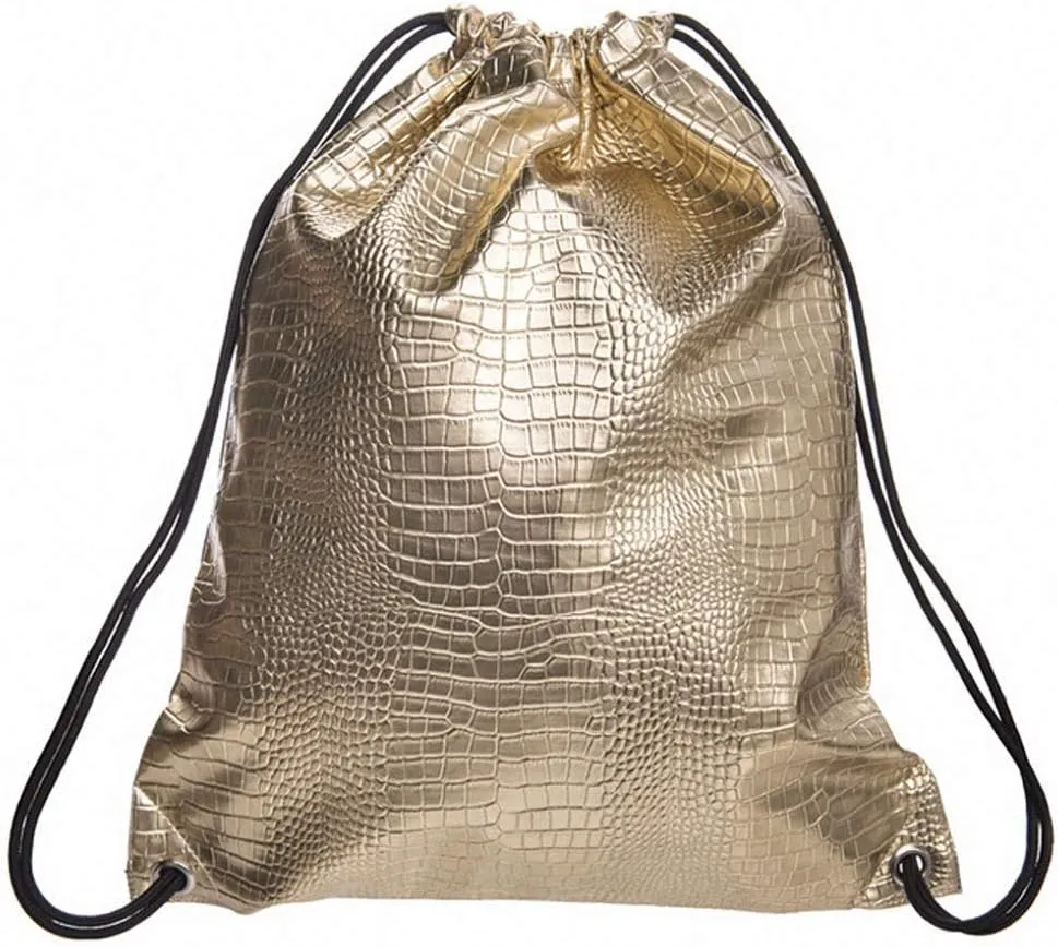 Unisex Solid Backpack Bucket Shoulder Bags Leather Girls Draw Pocket Gold 12 inches