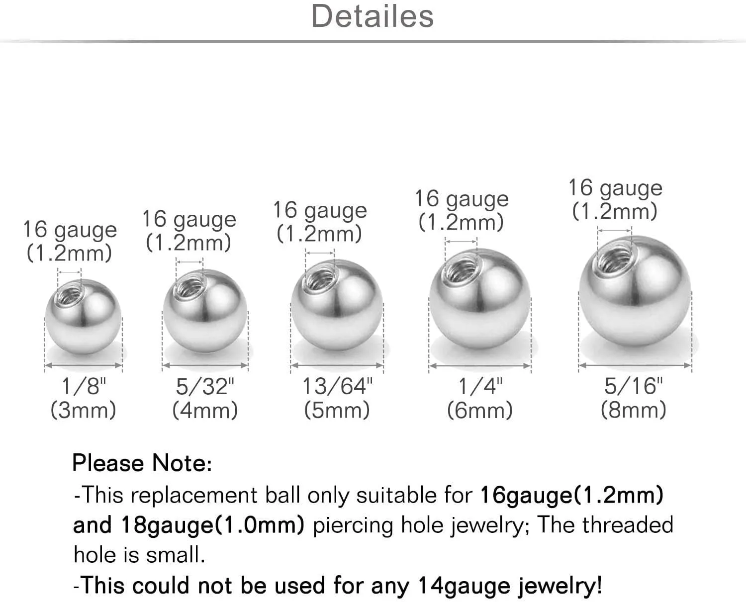 VCMART 16G 18G Replacement Balls Externally Threaded Piercing Balls for Lip Septum Nose Cartilage Tragus Helix Daith Rook Ear Piercing Jewelry 2.5-8mm Surgical Stainless Steel Metal Balls Silver