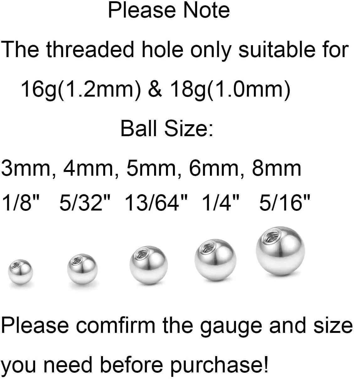 VCMART 16G 18G Replacement Balls Externally Threaded Piercing Balls for Lip Septum Nose Cartilage Tragus Helix Daith Rook Ear Piercing Jewelry 2.5-8mm Surgical Stainless Steel Metal Balls Silver