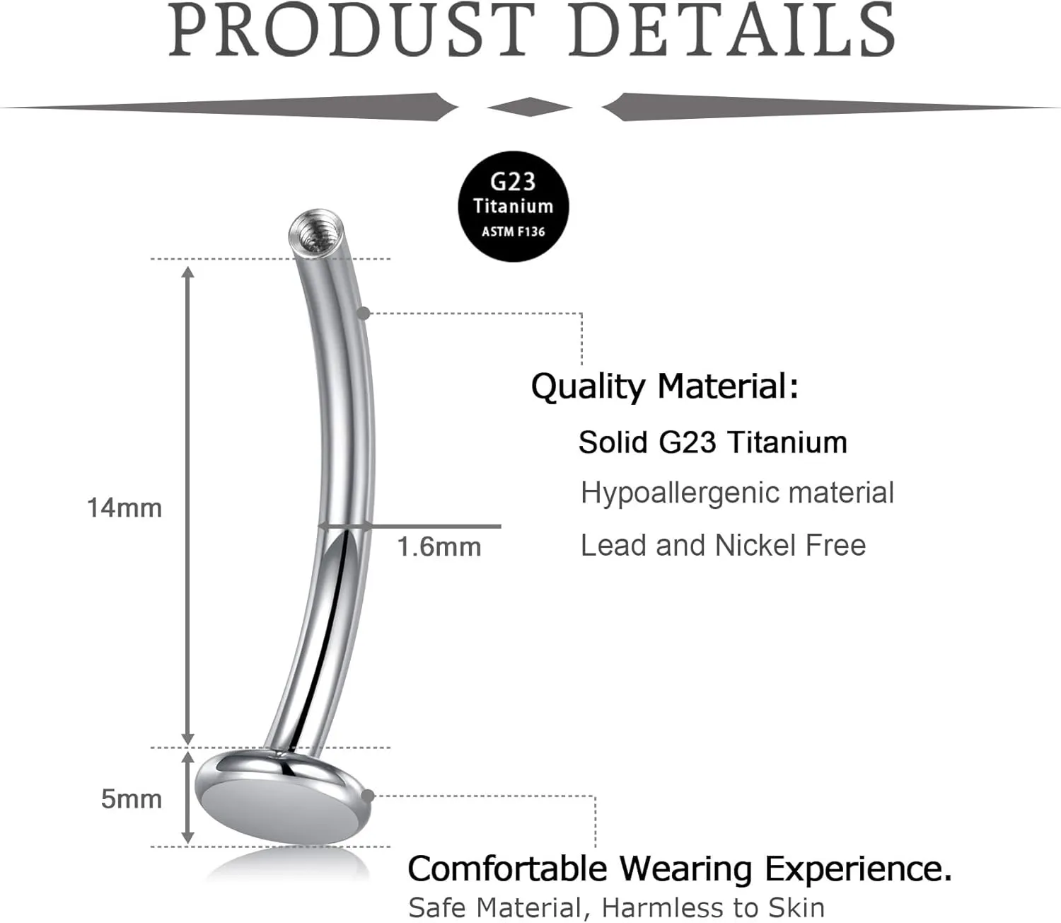 VCMART Floating Titanium Belly Button Ring G23 Titanium Internally Threaded Belly Button Piercing 14G Hypoallergenic Belly Rings for Women 10mm 12mm 14mm Long Belly Piercing Jewelry