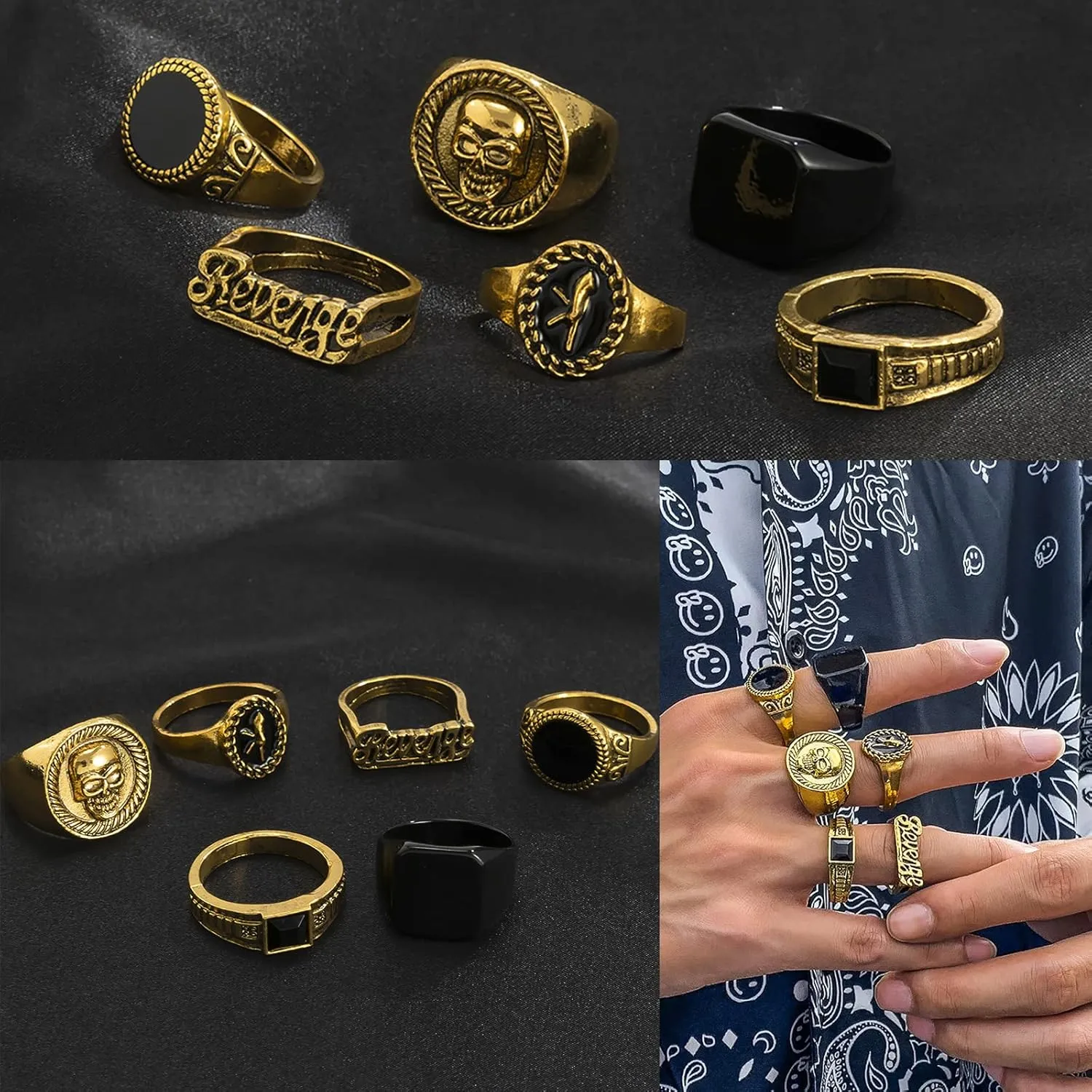 Vintage Gold Silver Punk Rings for Men Women,Cool Gothic Ring Set,Chunky Stackable Joint Knuckle Rings,Retro Skull Ace Malachite Rings