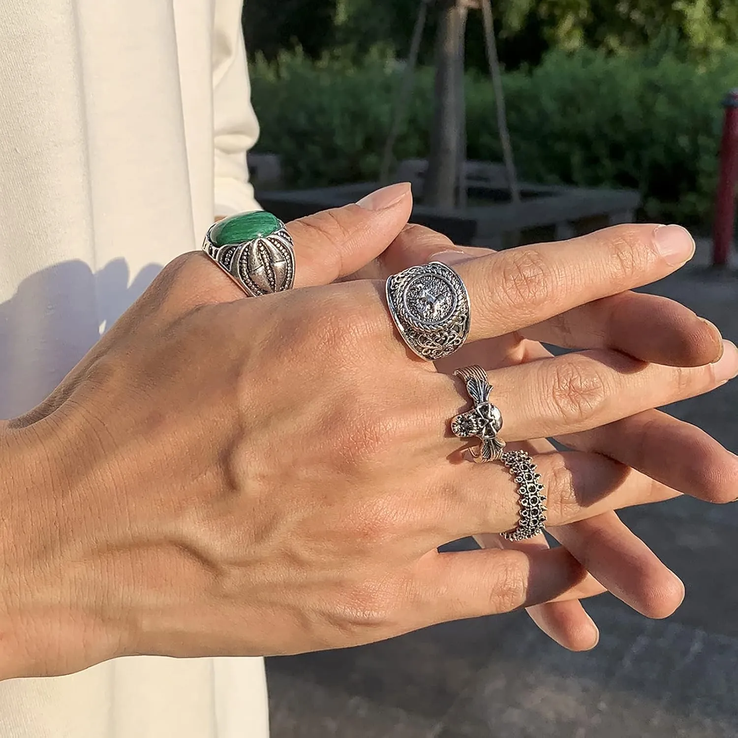 Vintage Gold Silver Punk Rings for Men Women,Cool Gothic Ring Set,Chunky Stackable Joint Knuckle Rings,Retro Skull Ace Malachite Rings