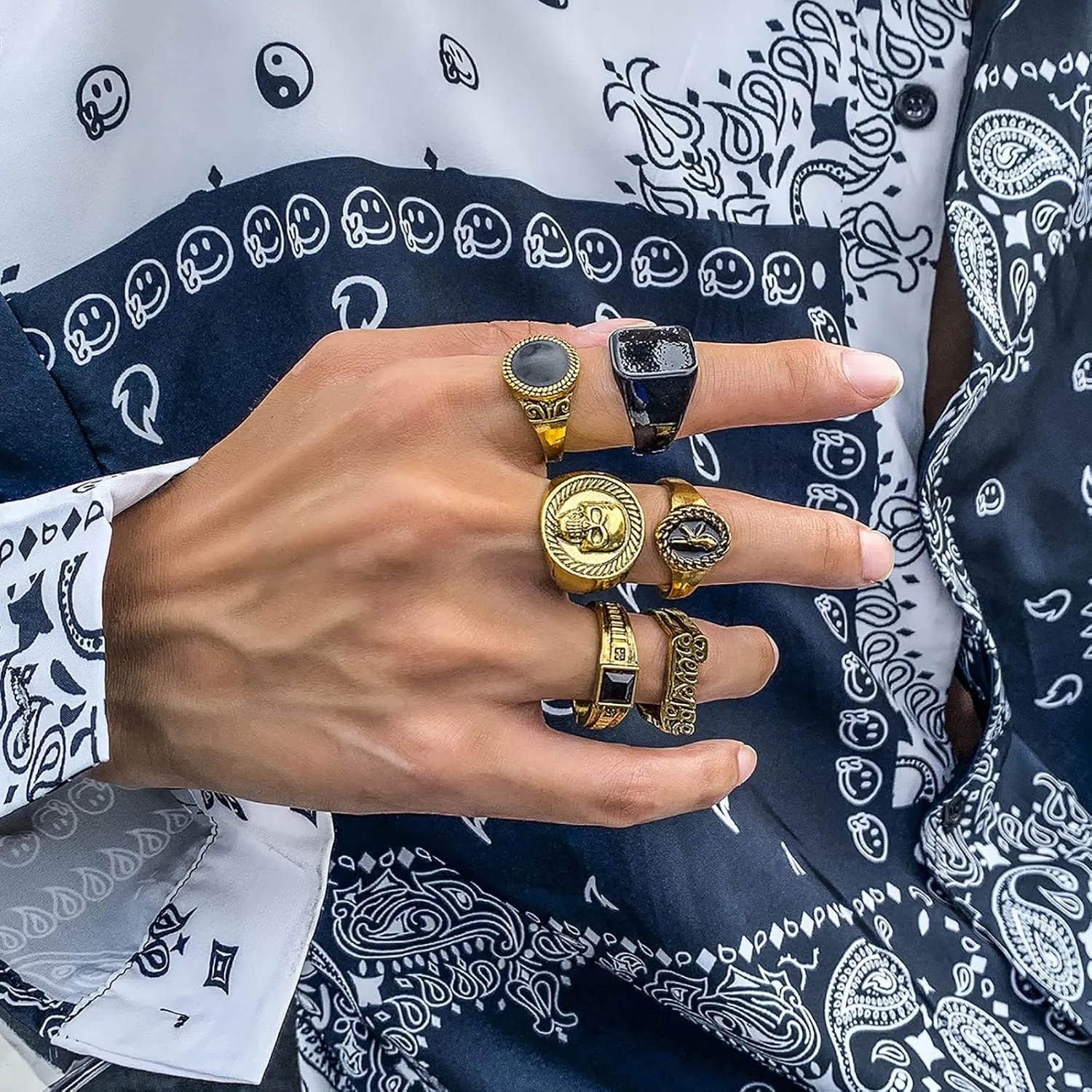 Vintage Gold Silver Punk Rings for Men Women,Cool Gothic Ring Set,Chunky Stackable Joint Knuckle Rings,Retro Skull Ace Malachite Rings
