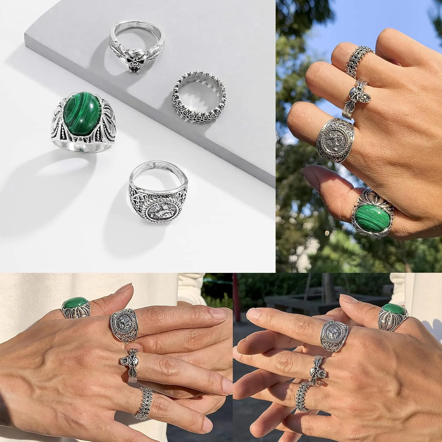 Vintage Gold Silver Punk Rings for Men Women,Cool Gothic Ring Set,Chunky Stackable Joint Knuckle Rings,Retro Skull Ace Malachite Rings