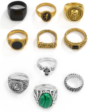 Vintage Gold Silver Punk Rings for Men Women,Cool Gothic Ring Set,Chunky Stackable Joint Knuckle Rings,Retro Skull Ace Malachite Rings