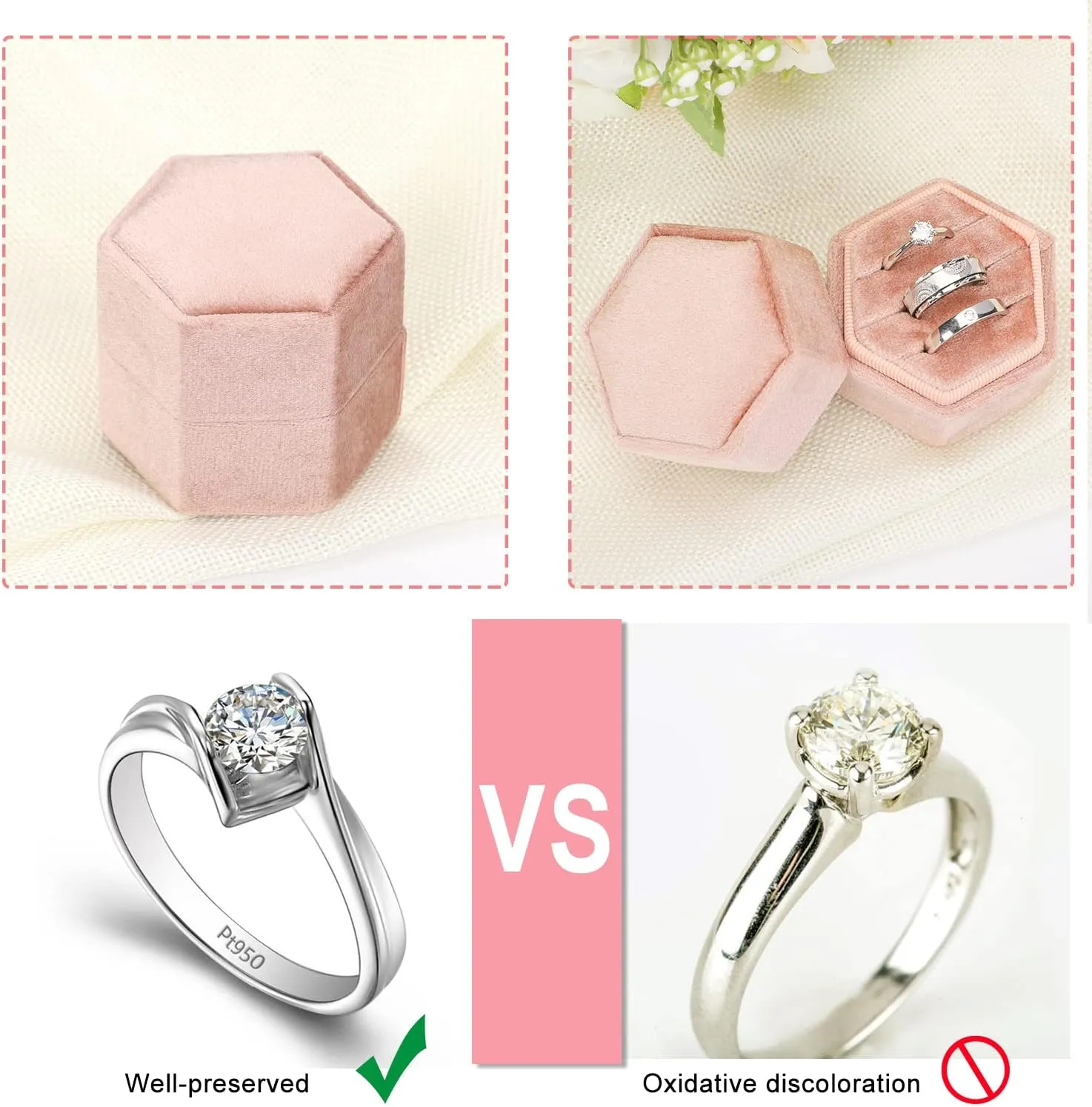 WantGor Velvet Jewelry Ring Box, 3 Slots Hexagon Ring Gift Box Vintage Ring Display Holder Case for Wedding Ceremony Proposal Engagement (Blush Peach, 3 Slots)
