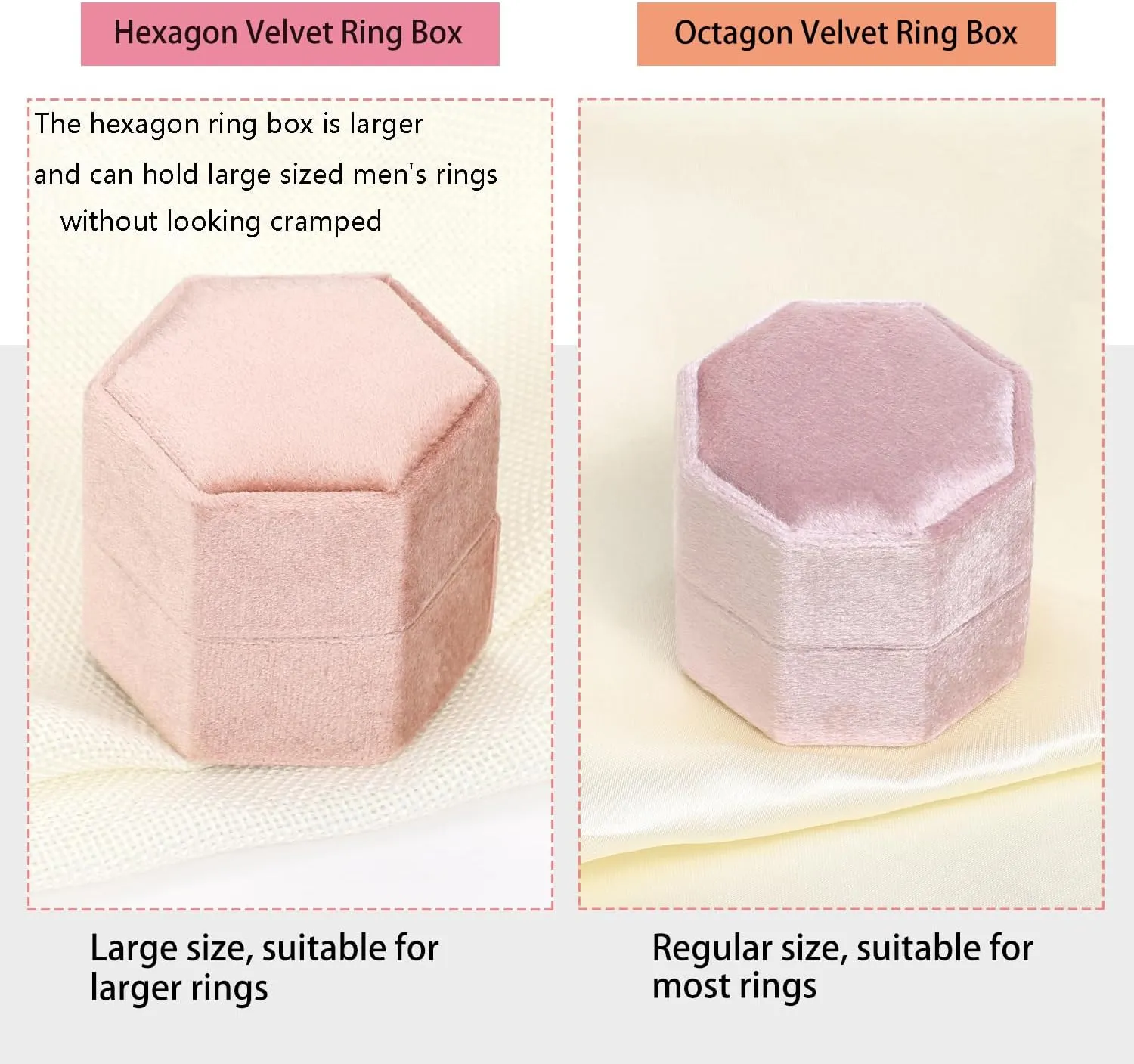 WantGor Velvet Jewelry Ring Box, 3 Slots Hexagon Ring Gift Box Vintage Ring Display Holder Case for Wedding Ceremony Proposal Engagement (Blush Peach, 3 Slots)