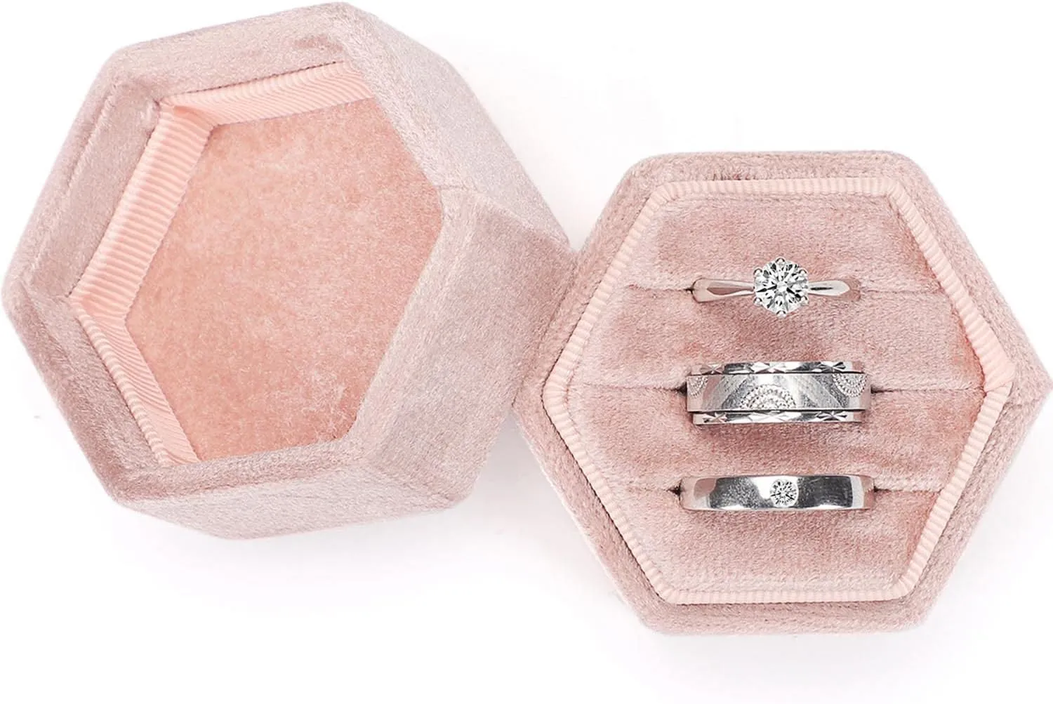 WantGor Velvet Jewelry Ring Box, 3 Slots Hexagon Ring Gift Box Vintage Ring Display Holder Case for Wedding Ceremony Proposal Engagement (Blush Peach, 3 Slots)