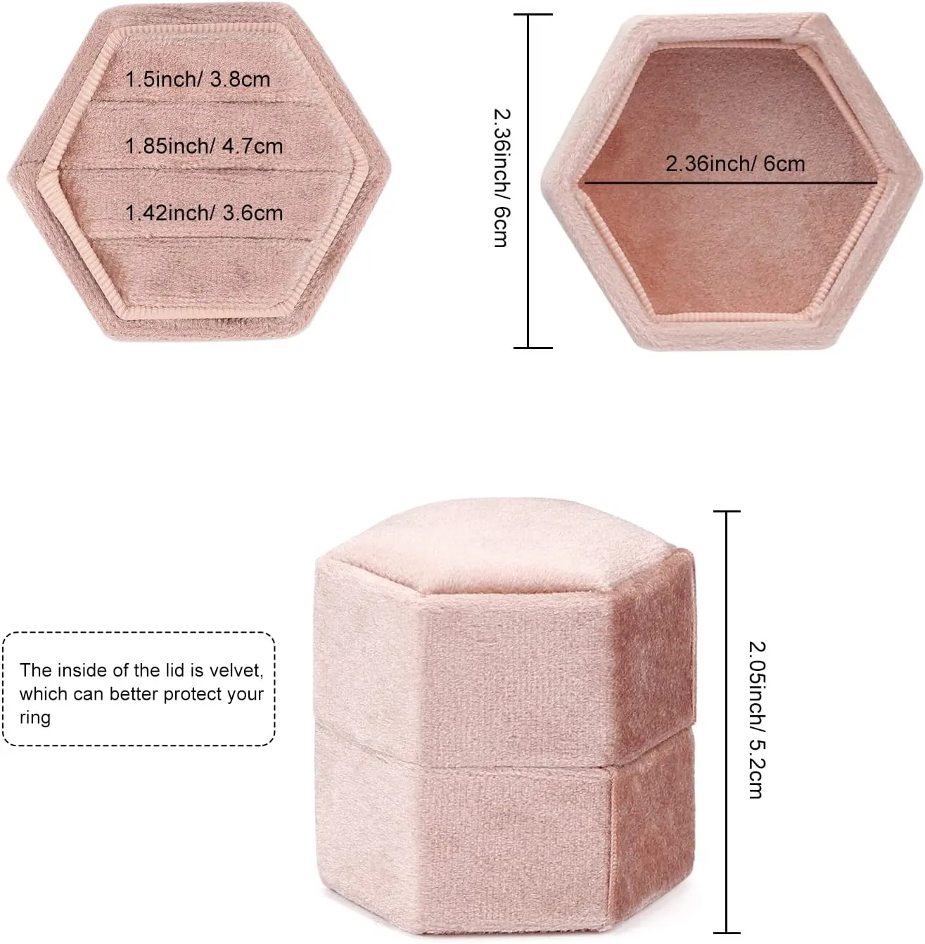 WantGor Velvet Jewelry Ring Box, 3 Slots Hexagon Ring Gift Box Vintage Ring Display Holder Case for Wedding Ceremony Proposal Engagement (Blush Peach, 3 Slots)